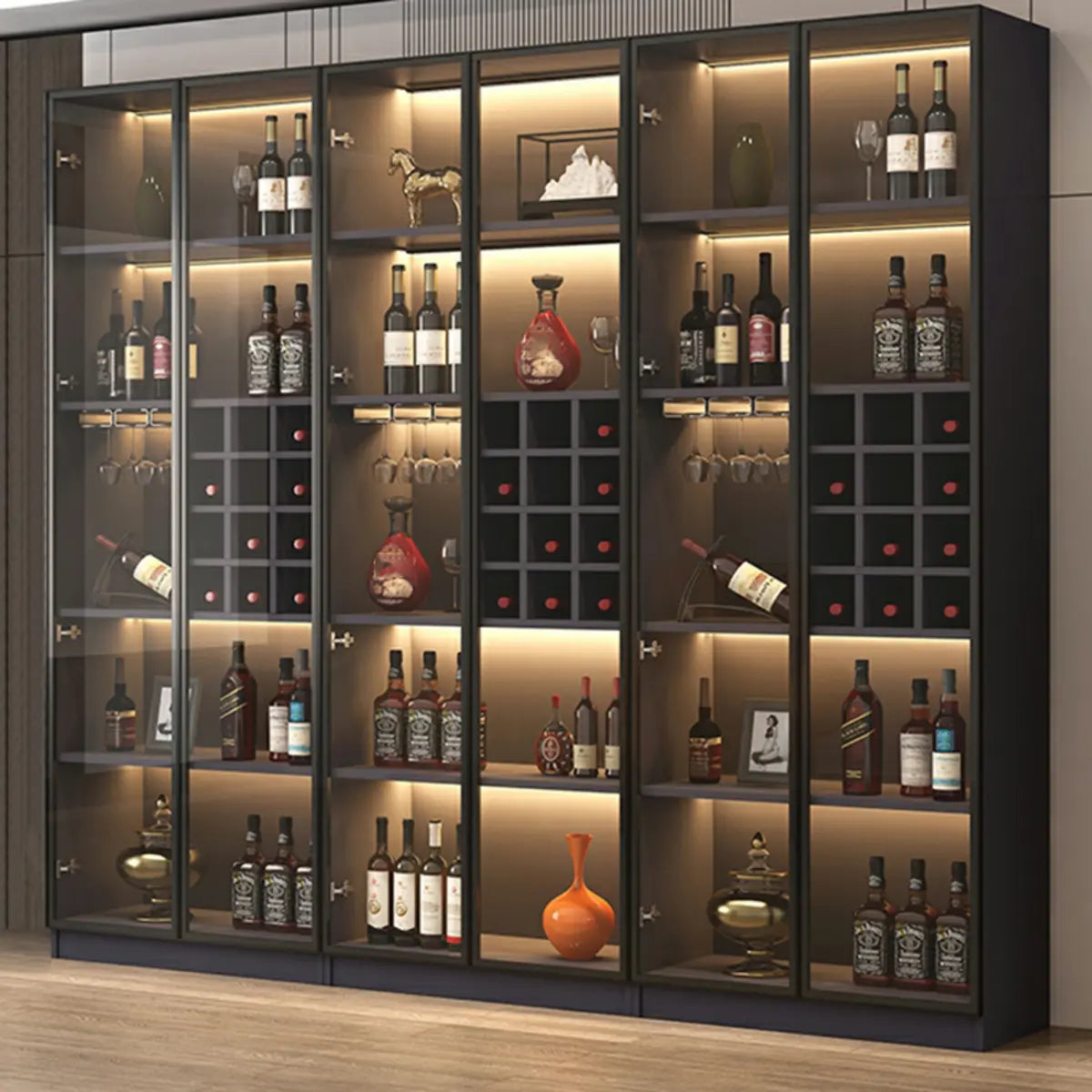 Elegant Black Wood Glass Door LED Storage Wine Cabinet Image - 6