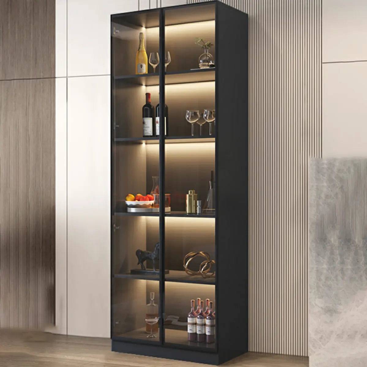 Elegant Black Wood Glass Door LED Storage Wine Cabinet Image - 8