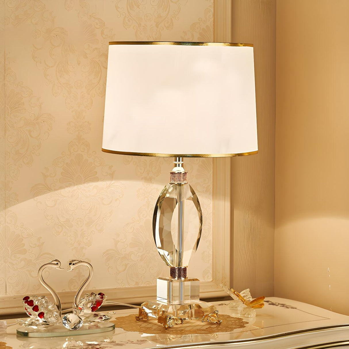 Elegant Blue Barrel Lampshade Crystal Base Table Lamp Image - 3