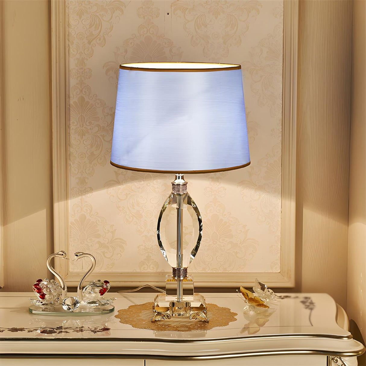 Elegant Blue Barrel Lampshade Crystal Base Table Lamp Image - 9