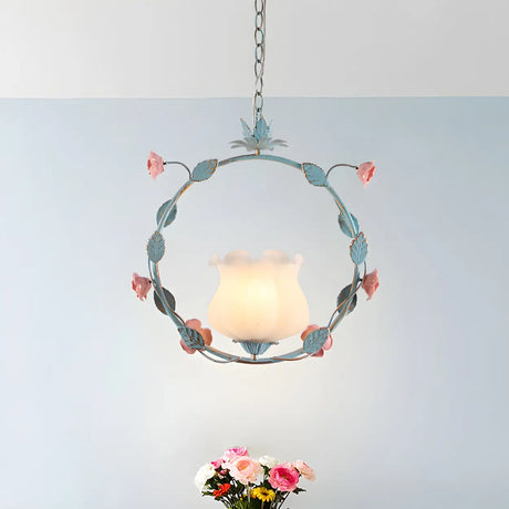 Elegant Blue Floral Ring Living Room Pendant Light Image - 1