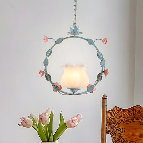 Elegant Blue Floral Ring Living Room Pendant Light Image - 2