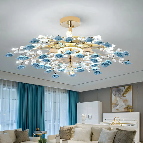 Elegant Blue Flower Crystal Semi-Flush Mount Light Image - 1