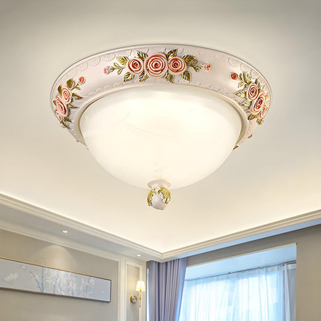 Elegant Bowl Carved White Glass LED Flush Mount Light Image - 1