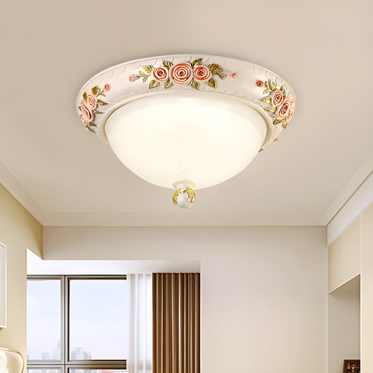 Elegant Bowl Carved White Glass LED Flush Mount Light Image - 2