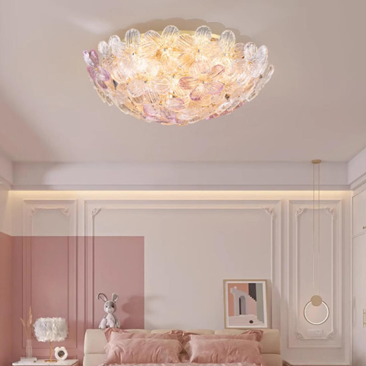 Elegant Bowl-Shaped Floral Glass Semi-Flush Mount Light Image - 27