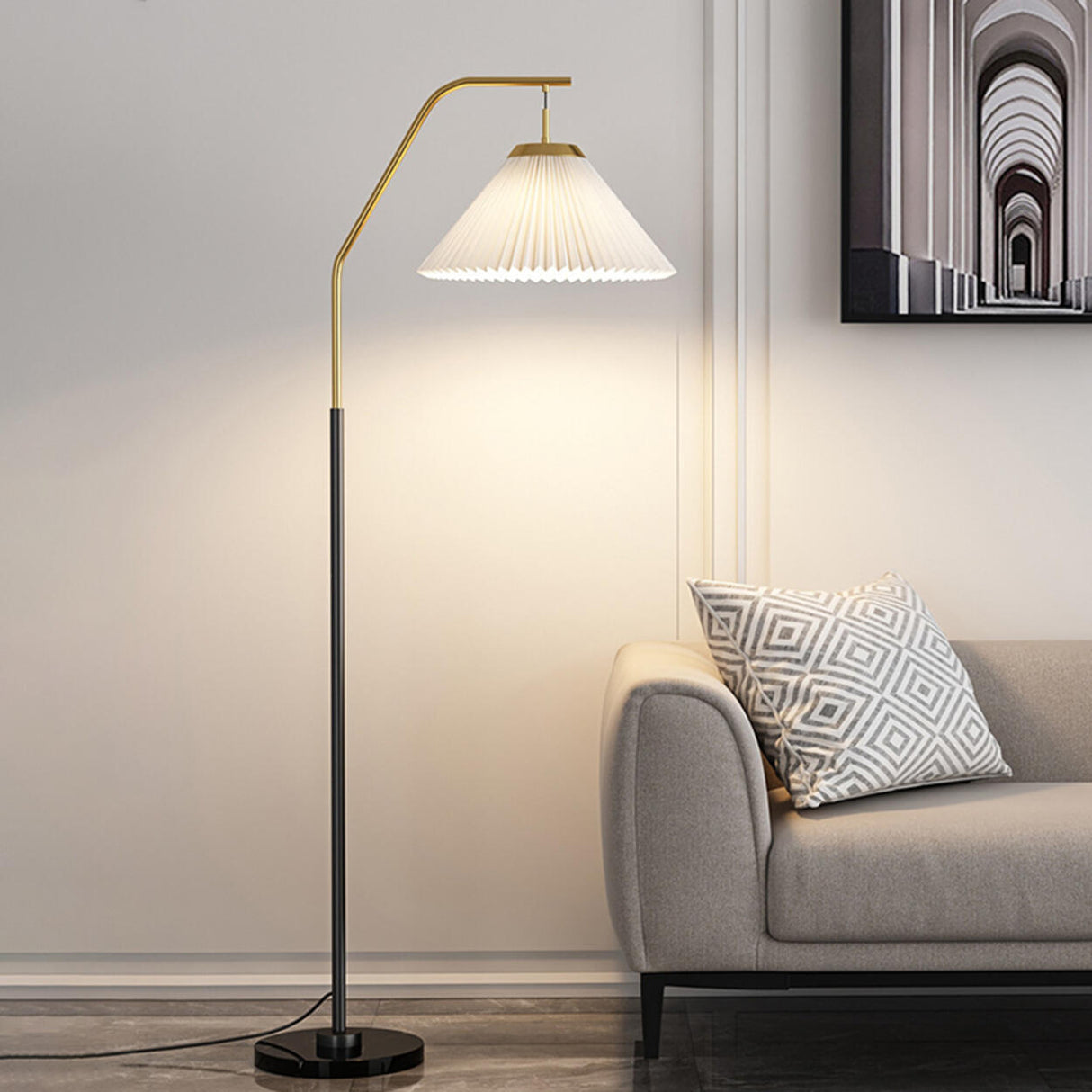 Elegant Brass and Black White Metal Floor Lamp Image - 11