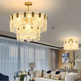 Elegant Brass Clear Glass Tiered Chandelier Living Room Image - 1