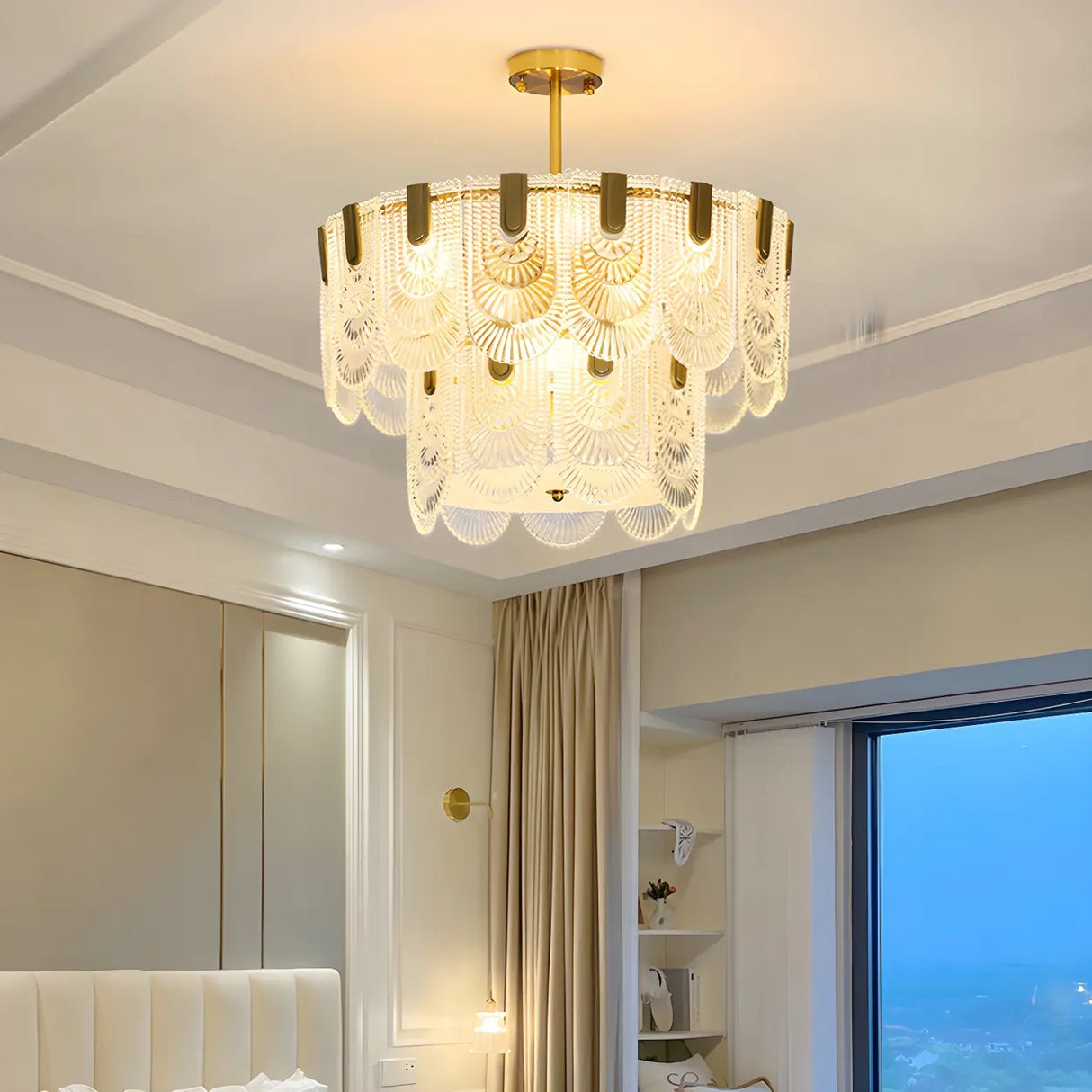 Elegant Brass Clear Glass Tiered Chandelier Living Room Image - 4