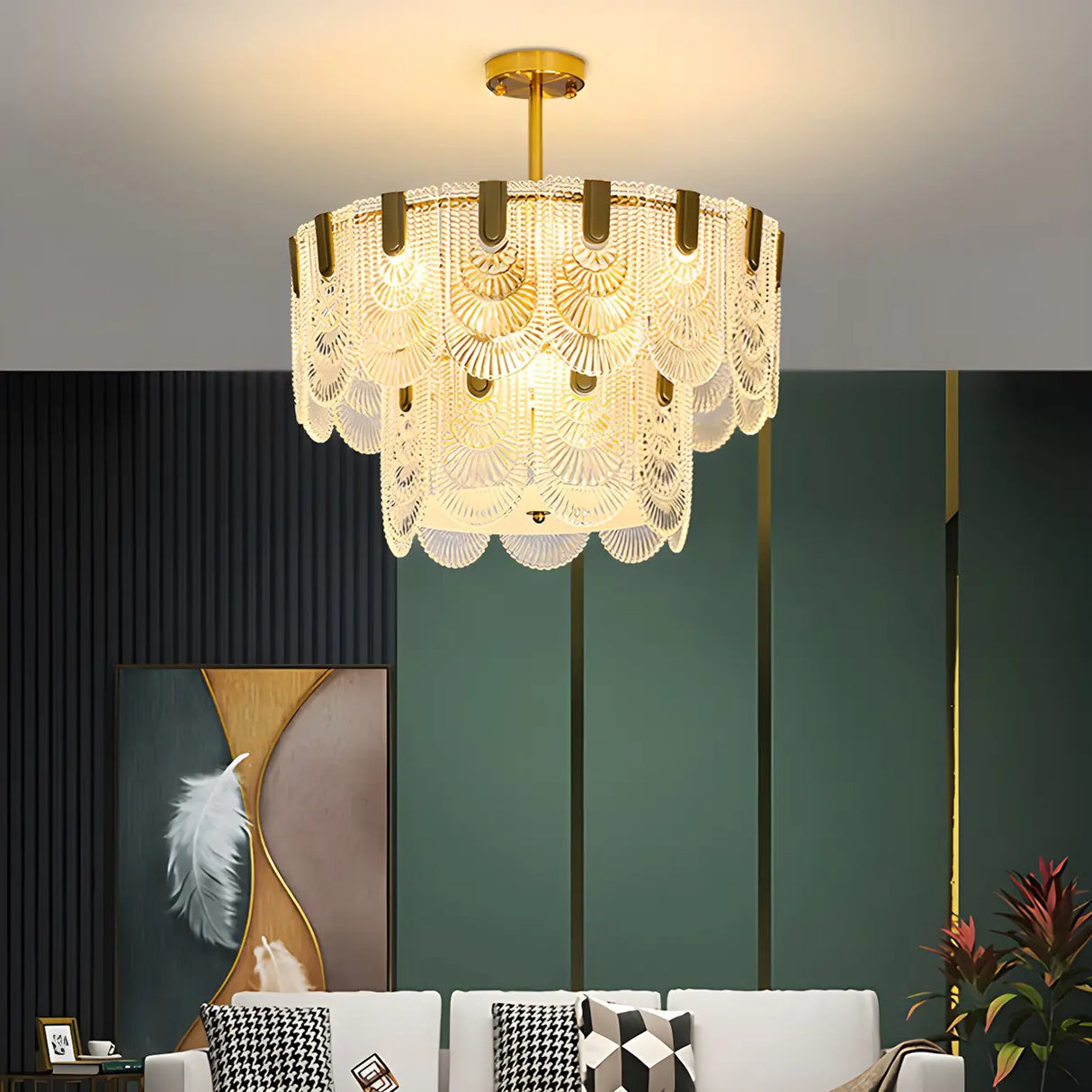 Elegant Brass Clear Glass Tiered Chandelier Living Room Image - 6