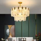 Elegant Brass Clear Glass Tiered Chandelier Living Room Image - 6