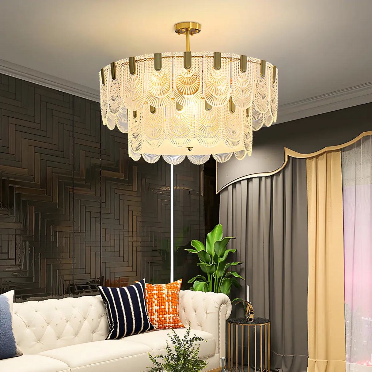 Elegant Brass Clear Glass Tiered Chandelier Living Room Image - 7