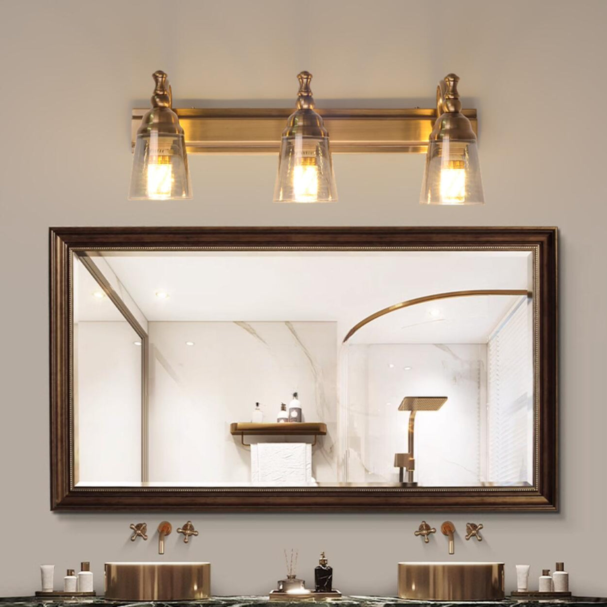 Elegant Brass Geometric 3 Light Bathroom Vanity Image - 3