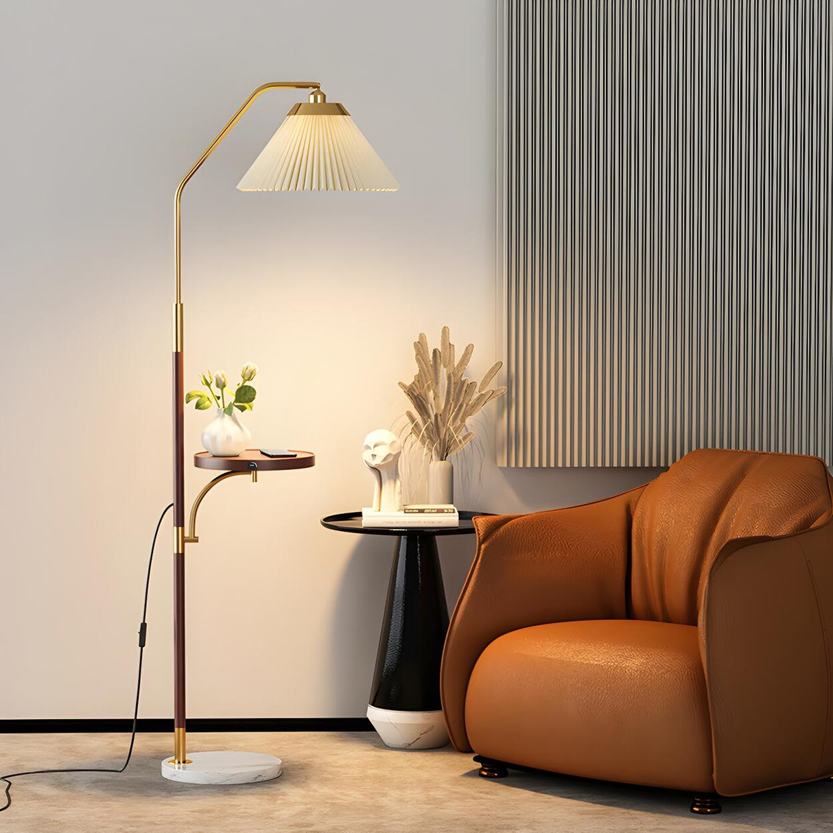 Elegant Brass Wood Side Table Arc Shelf Floor Lamp Image - 1