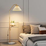 Elegant Brass Wood Side Table Arc Shelf Floor Lamp Image - 6