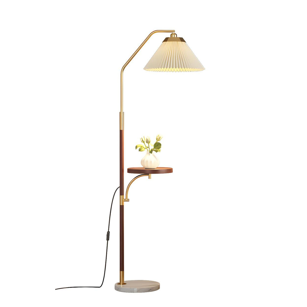 Elegant Brass Wood Side Table Arc Shelf Floor Lamp Image - 7