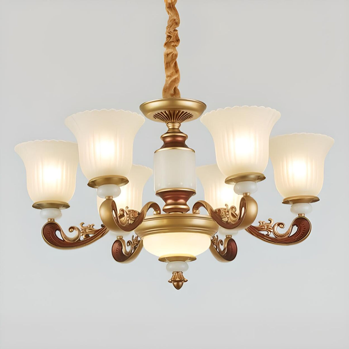 Elegant Bronze Frosted White Glass Flower Chandelier Image - 11