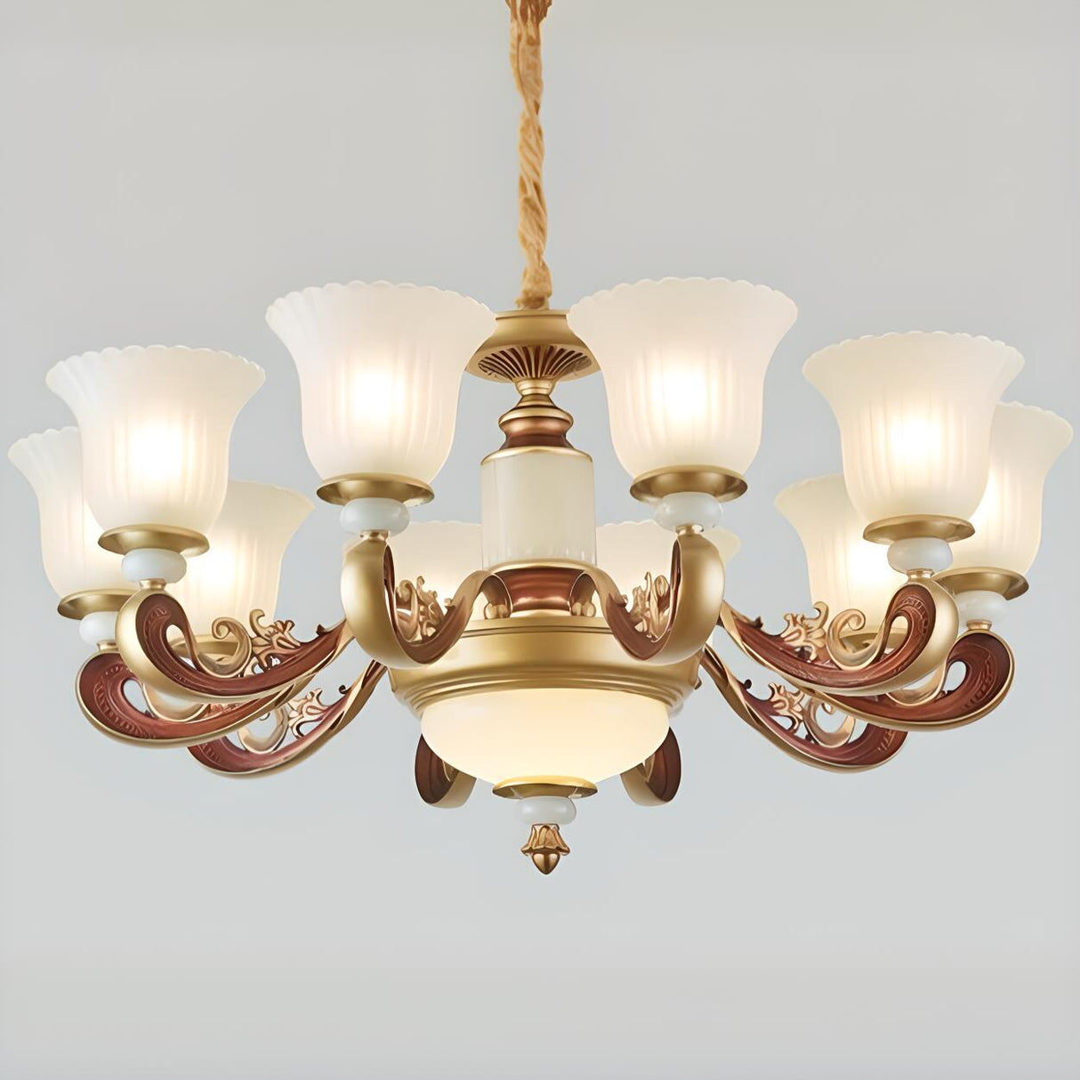 Elegant Bronze Frosted White Glass Flower Chandelier Image - 12