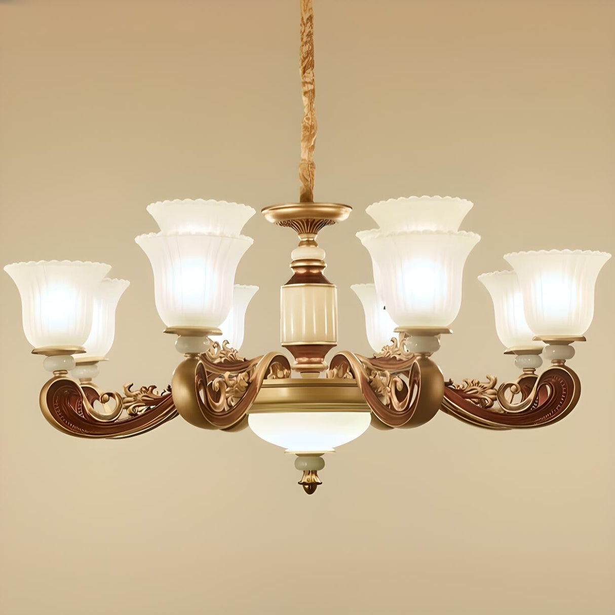 Elegant Bronze Frosted White Glass Flower Chandelier Image - 14