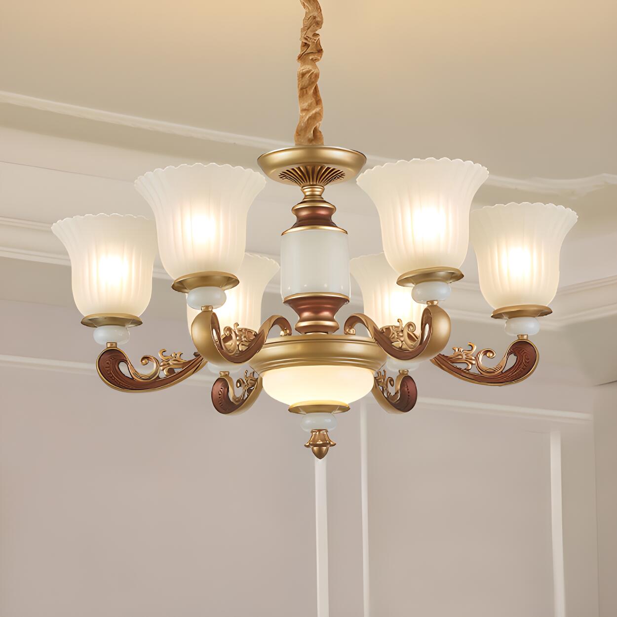 Elegant Bronze Frosted White Glass Flower Chandelier Image - 2