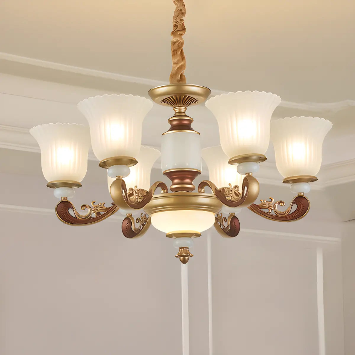 Elegant Bronze Frosted White Glass Flower Chandelier Image - 2