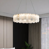 Elegant Circular Alabaster Pendant Light White Chandelier Image - 1