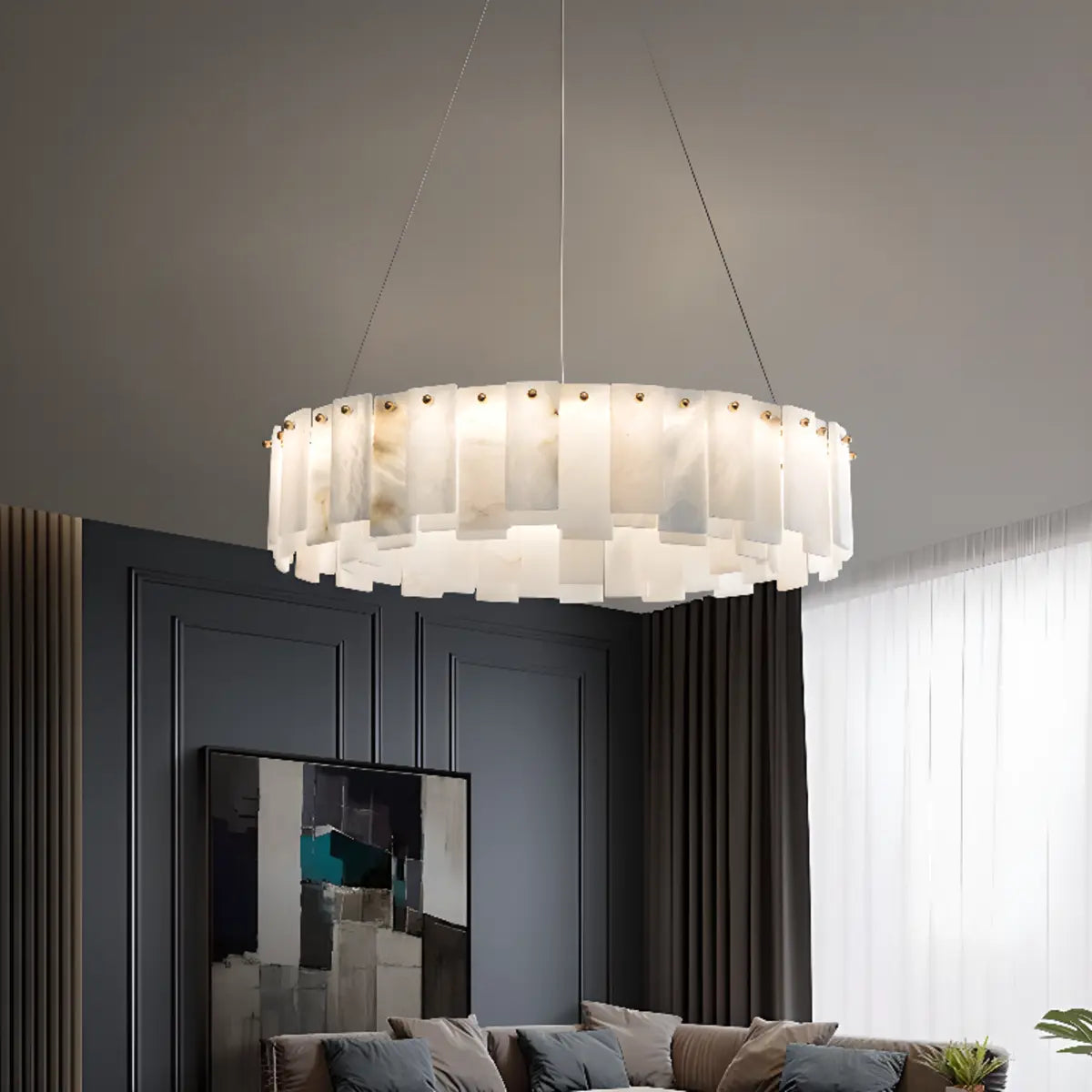 Elegant Circular Alabaster Pendant Light White Chandelier Image - 4