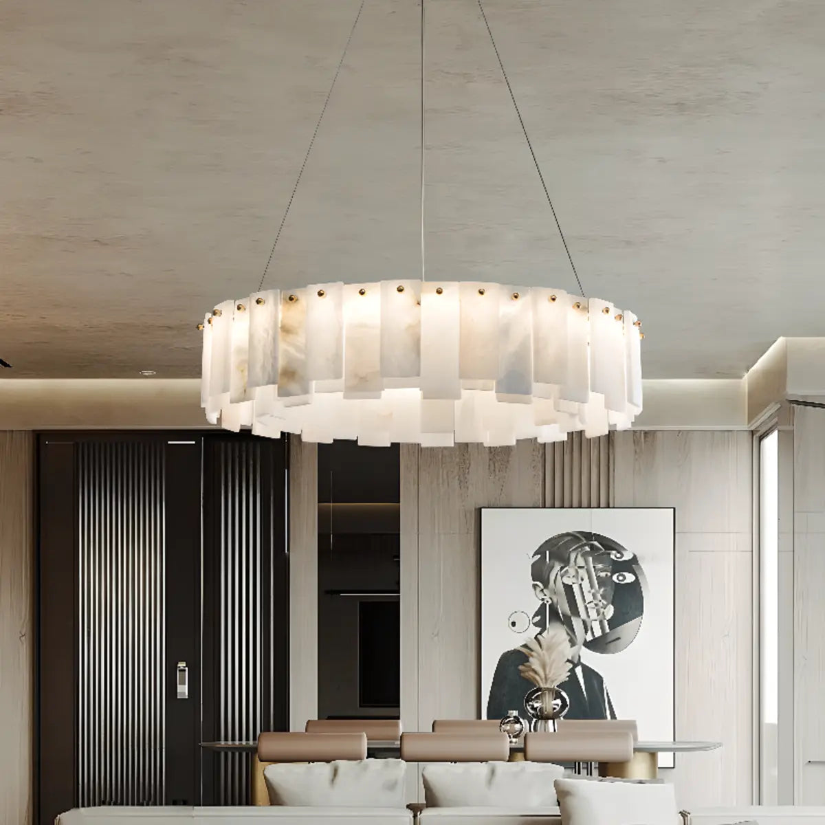 Elegant Circular Alabaster Pendant Light White Chandelier Image - 6