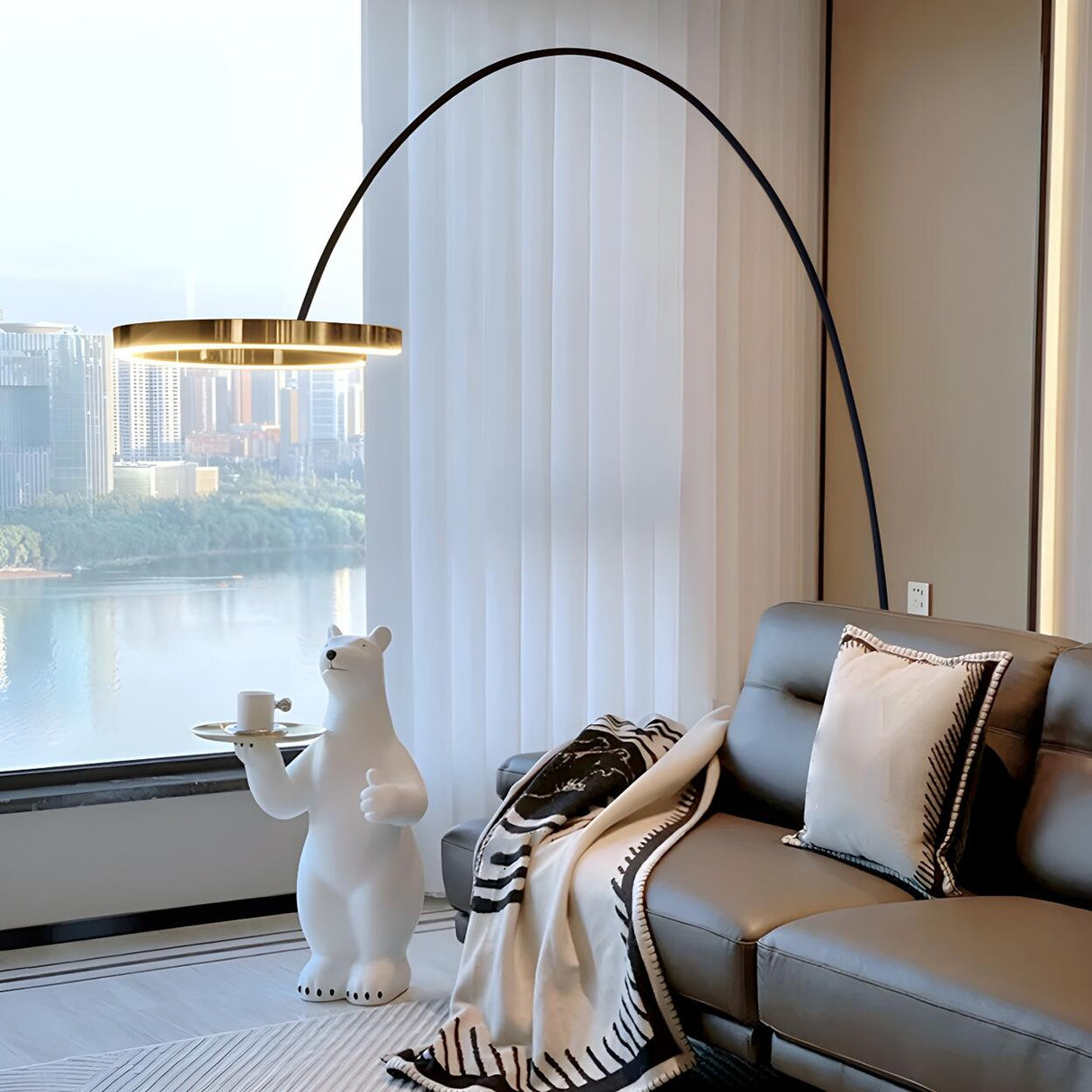 Elegant Circular LED Ring and Arched Floor Lamp Image - 5