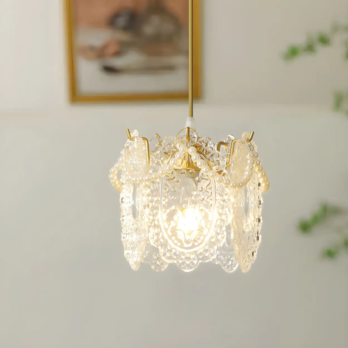 Elegant Clear Crystal Pearl Decor Floral Drum Pendant Light Image - 11