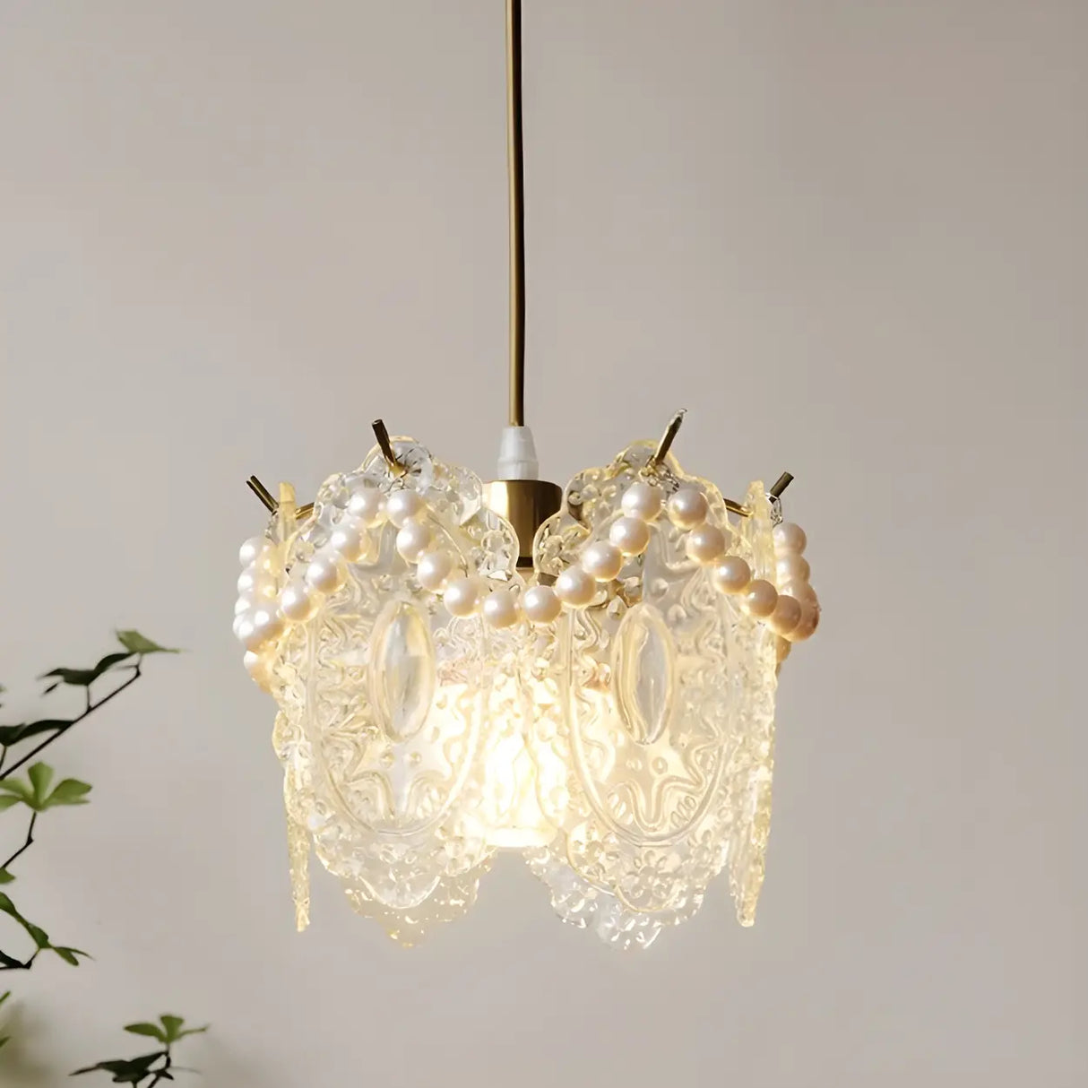 Elegant Clear Crystal Pearl Decor Floral Drum Pendant Light Image - 2