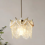 Elegant Clear Crystal Pearl Decor Floral Drum Pendant Light Image - 2