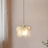 Elegant Clear Crystal Pearl Decor Floral Drum Pendant Light Image - 4