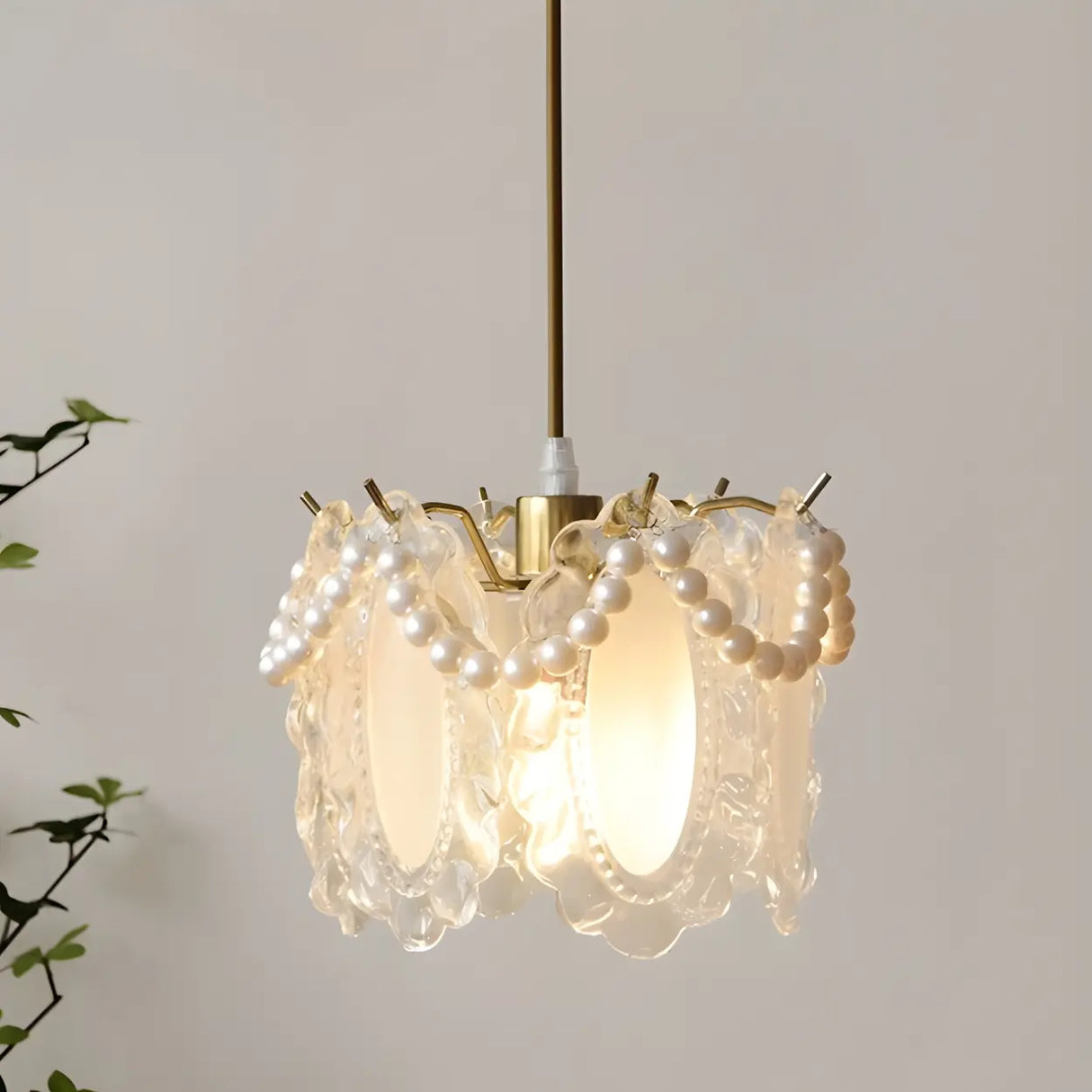 Elegant Clear Crystal Pearl Decor Floral Drum Pendant Light Image - 9