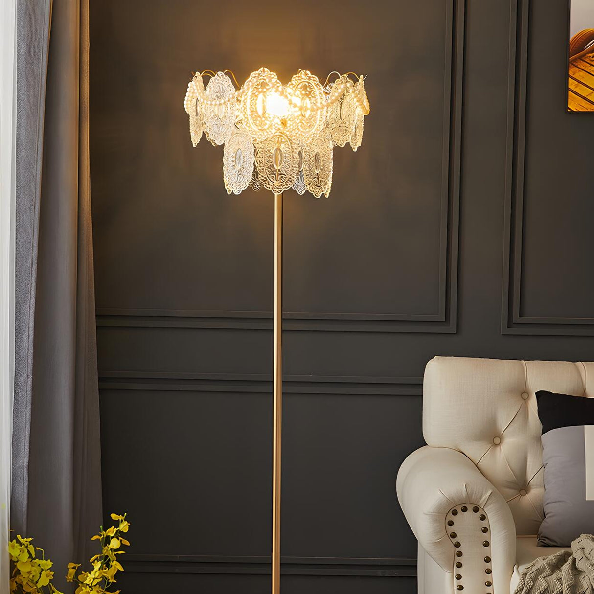 Elegant Clear Crystal Shade and Gold Metal Floor Lamp Image - 2