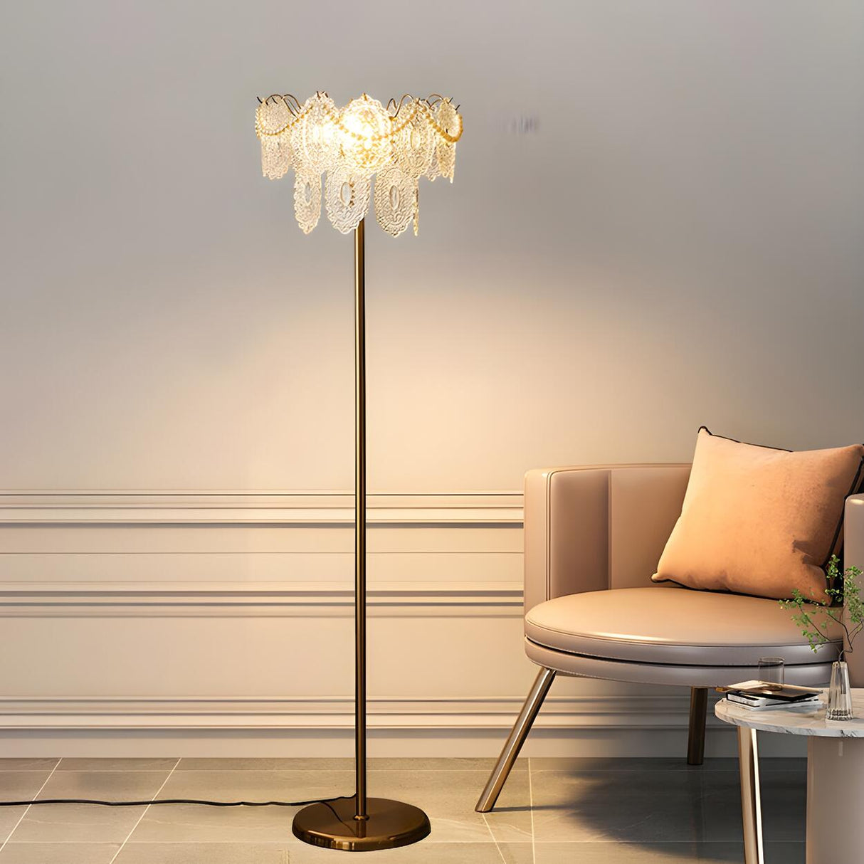 Elegant Clear Crystal Shade and Gold Metal Floor Lamp Image - 6