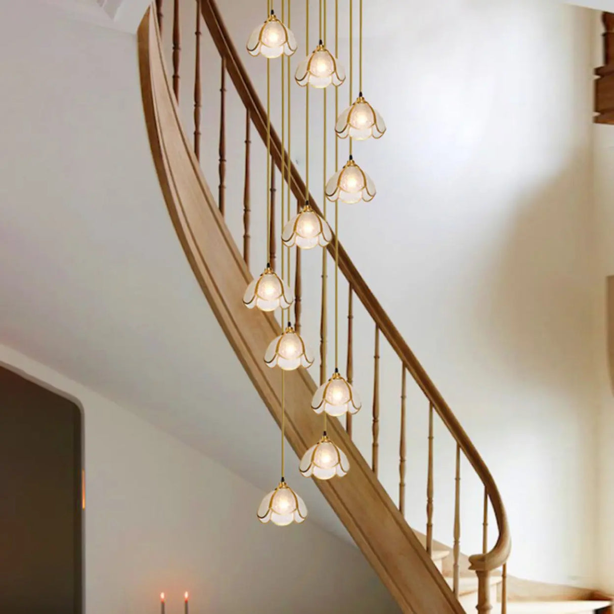 Elegant Clear Glass Flower Spiral Stairwell Pendant Light Image - 13