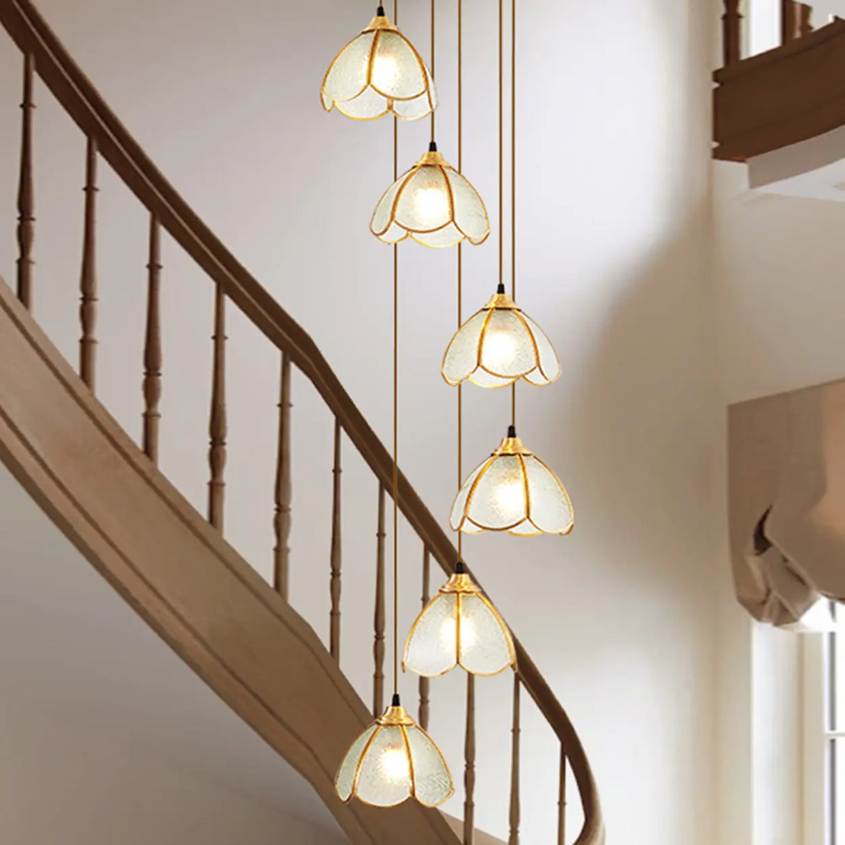 Elegant Clear Glass Flower Spiral Stairwell Pendant Light Image - 7