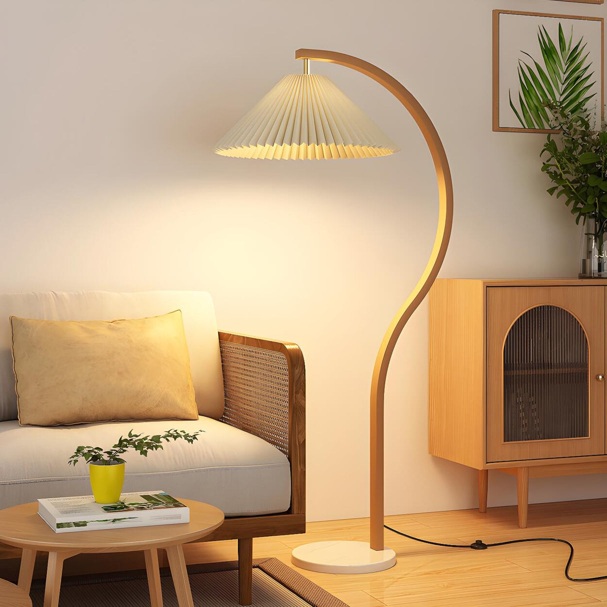 Elegant Cone and Wood-Color Metal Curved Floor Lamp Image - 1