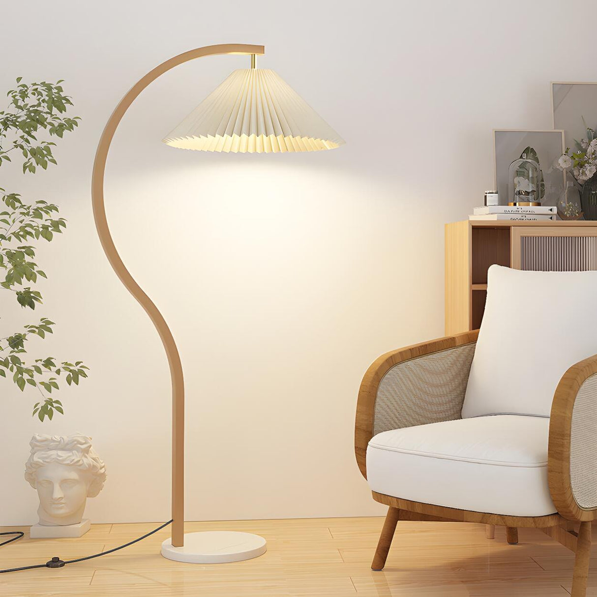 Elegant Cone and Wood-Color Metal Curved Floor Lamp Image - 10