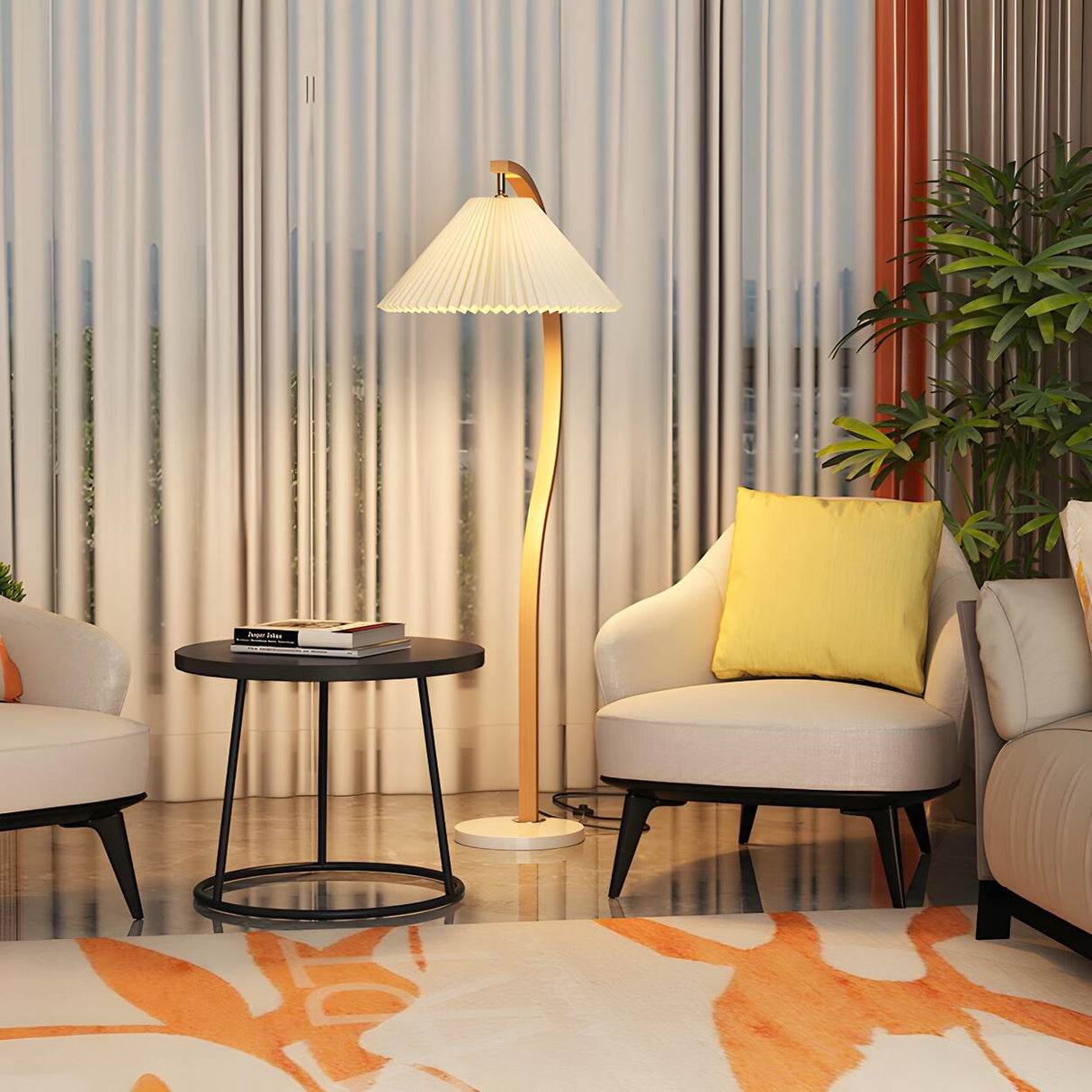 Elegant Cone and Wood-Color Metal Curved Floor Lamp Image - 11