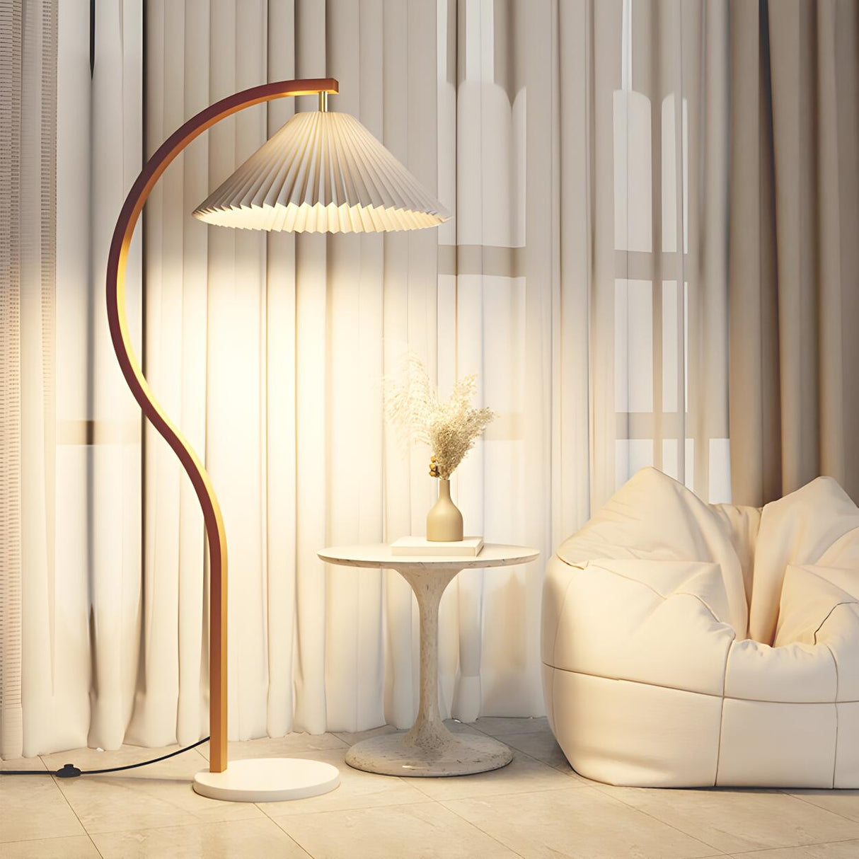 Elegant Cone and Wood-Color Metal Curved Floor Lamp Image - 13