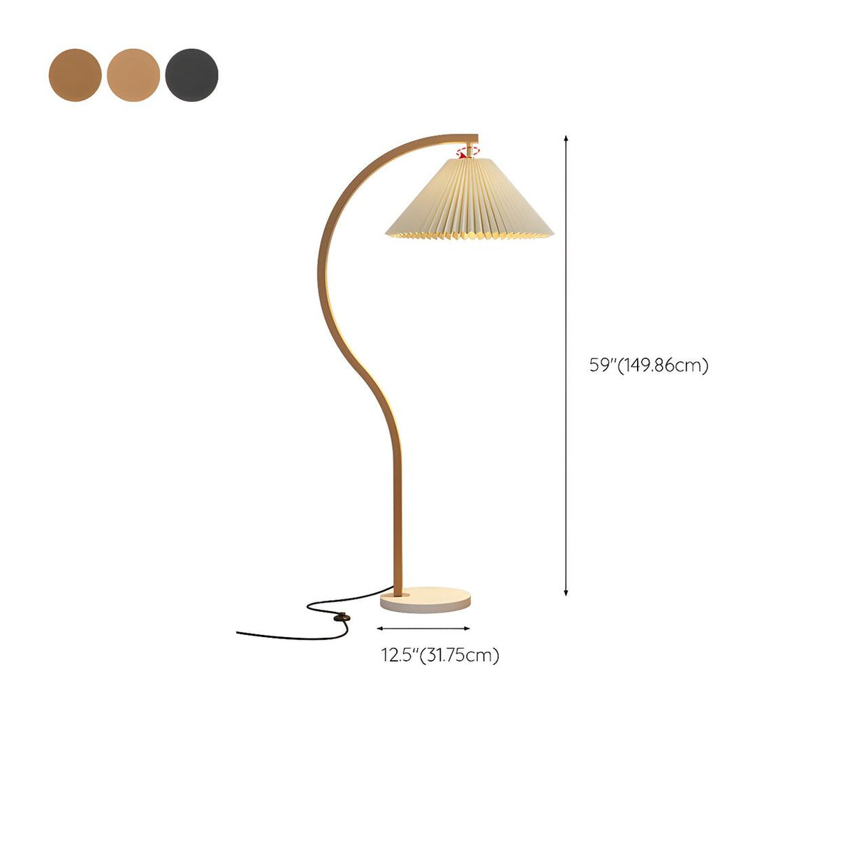 Elegant Cone and Wood-Color Metal Curved Floor Lamp 