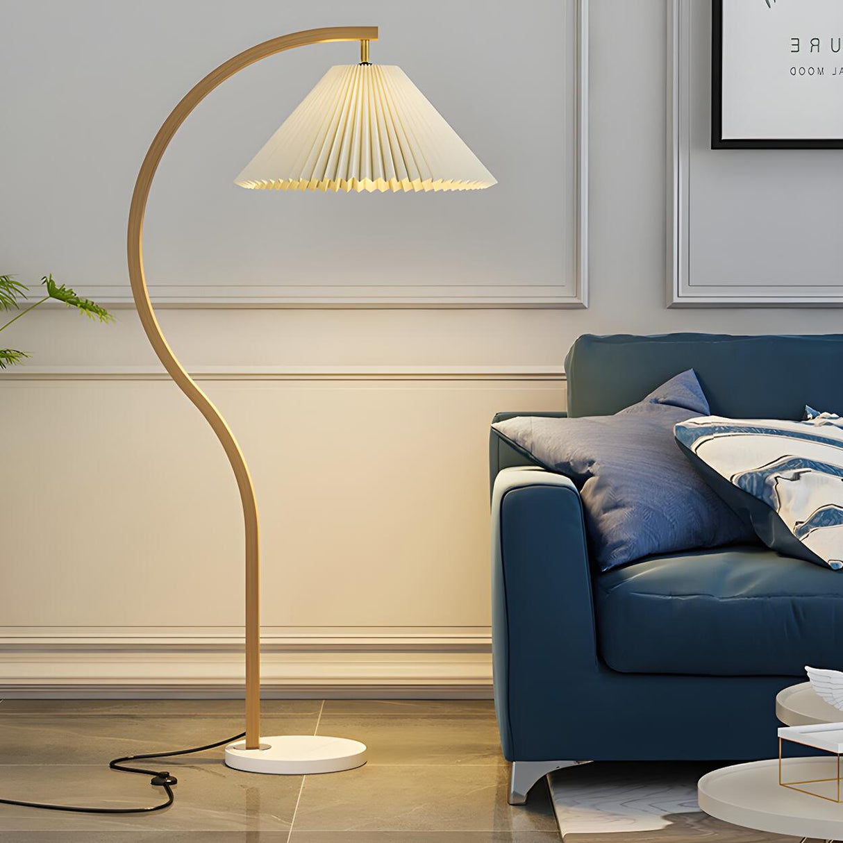 Elegant Cone and Wood-Color Metal Curved Floor Lamp Image - 9