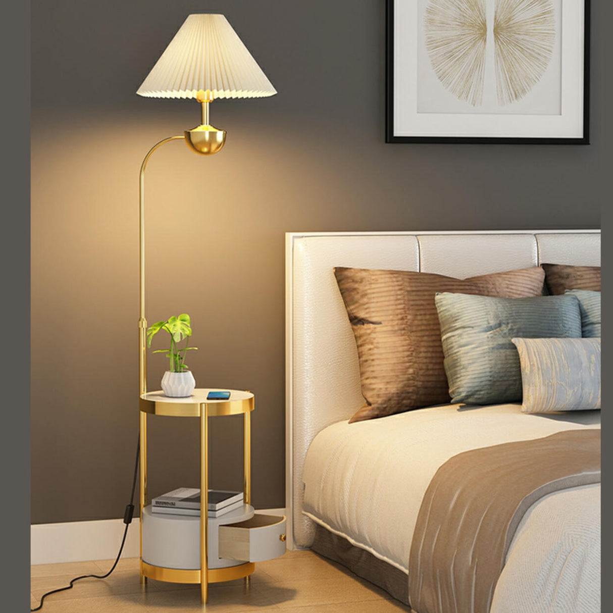 Elegant Cone Gold Metal LED Floor Lamp with Storage Image - 12