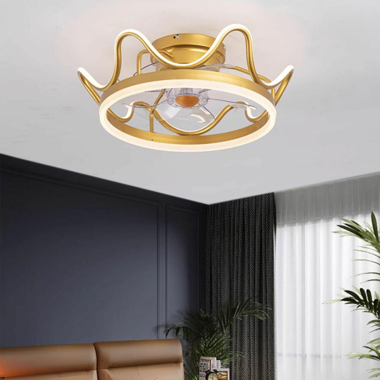 Elegant Crown Shape Flush Modern Ceiling Fan with Light Image - 14