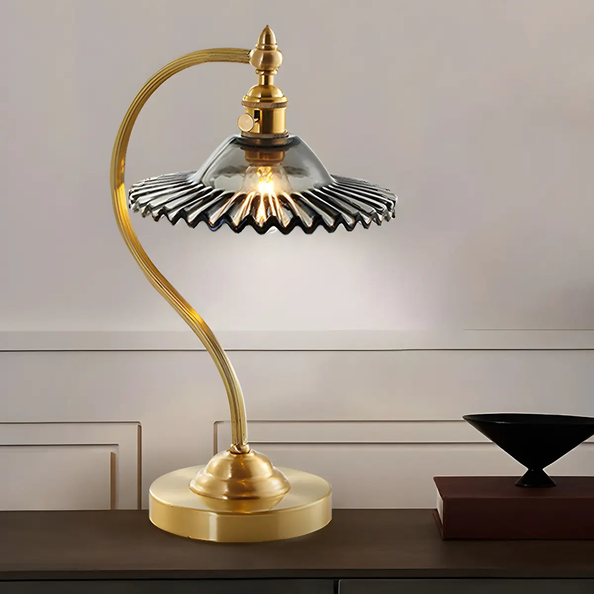 Elegant Curved  Metal Arm Bellflower Glass Table Lamp Image - 4