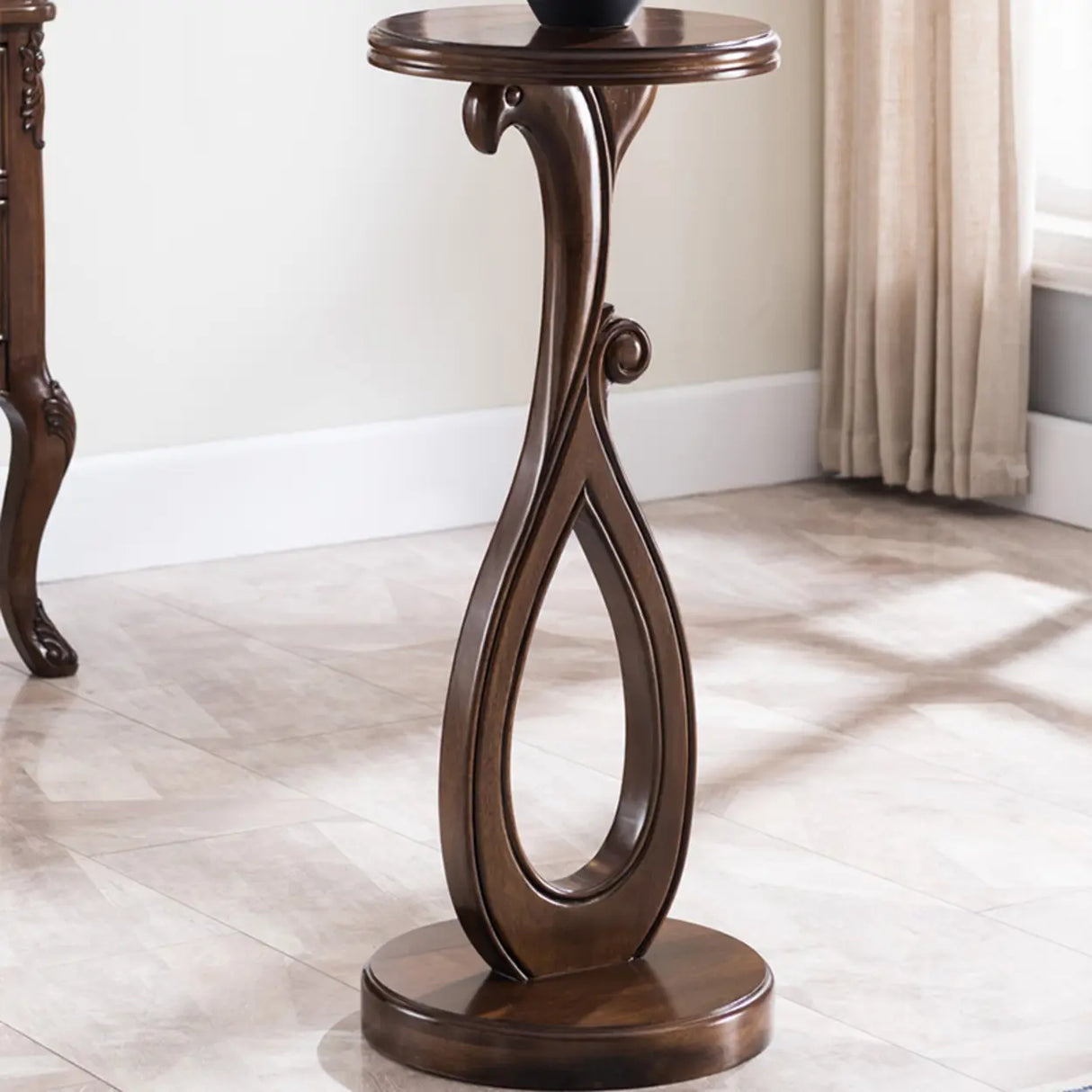 Elegant Curved Pedestal Cherry Wood Round Plant Stand Image - 7