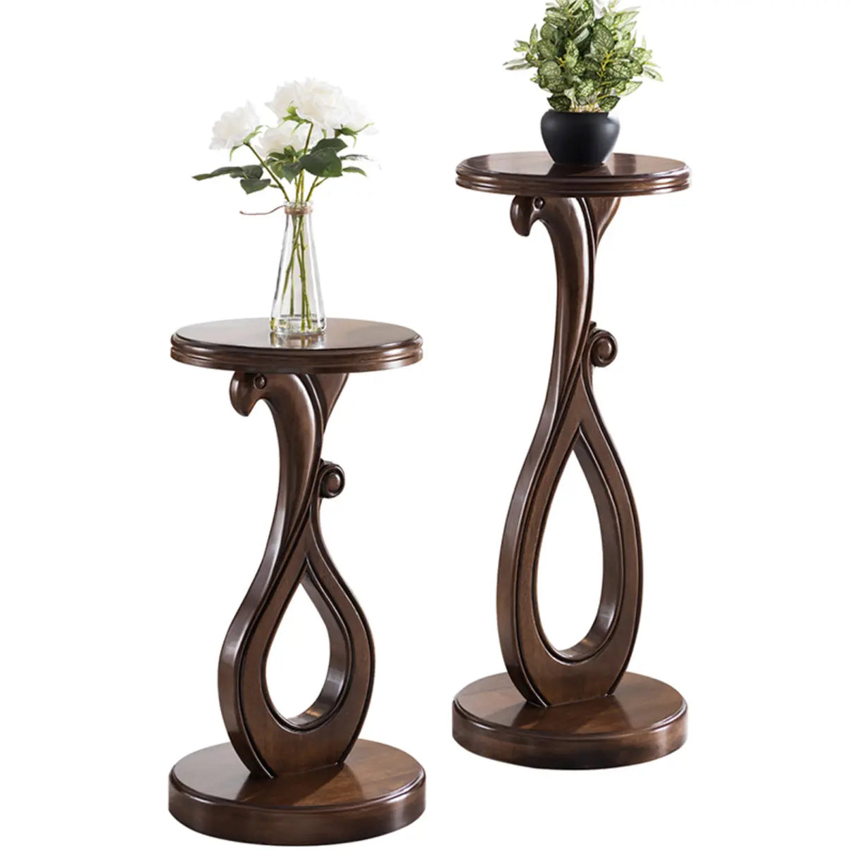 Elegant Curved Pedestal Cherry Wood Round Plant Stand Image - 9