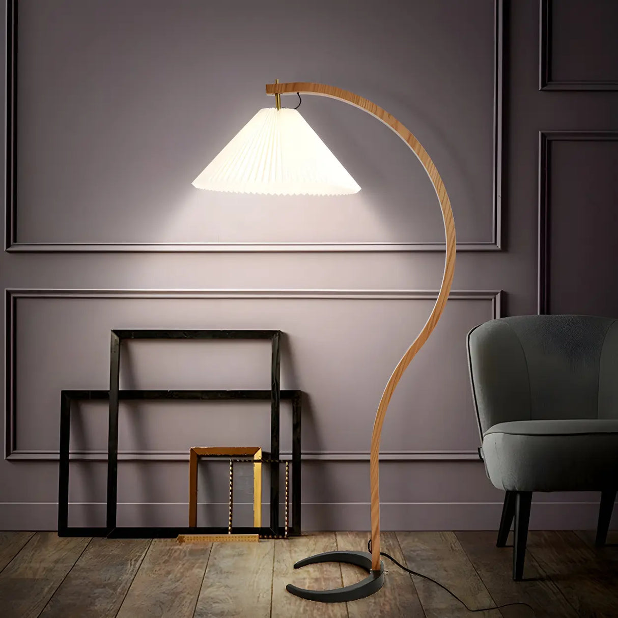 Elegant Curved Wooden Floor Lamp with Pleated Shade Image - 1